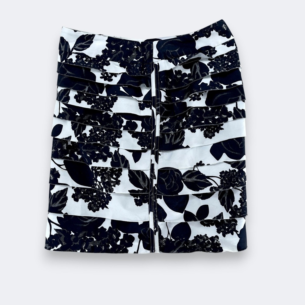 WHBM Womens Floral Tiered Pencil Cotton Blend Skirt 10 Black White Flocked